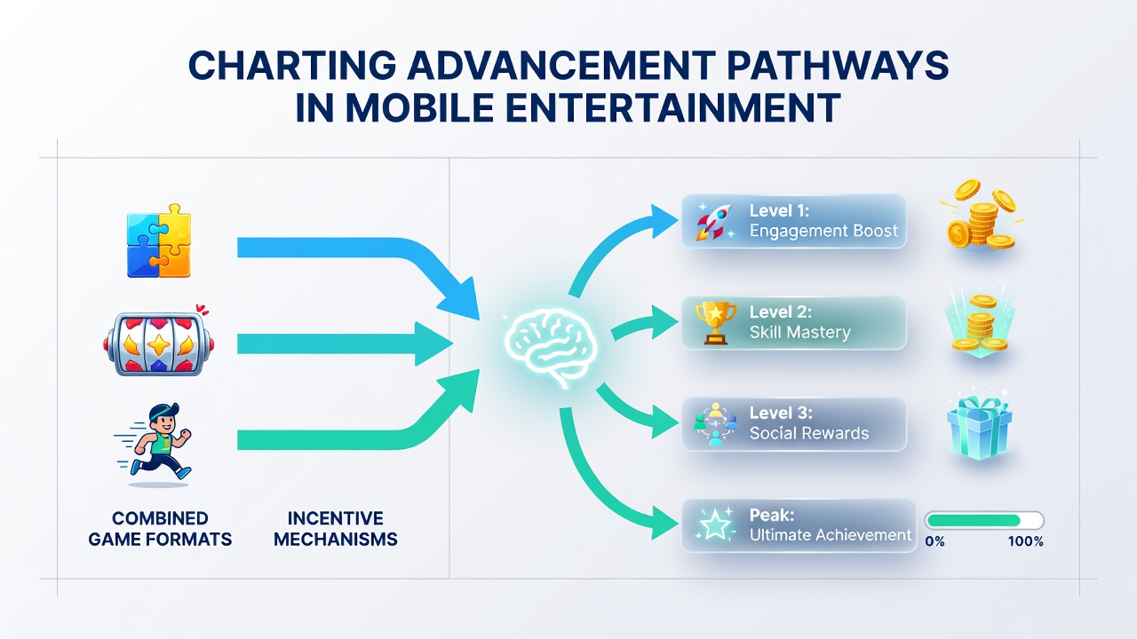 Dashboard view of player advancement pathways with combined incentives across mobile game formats