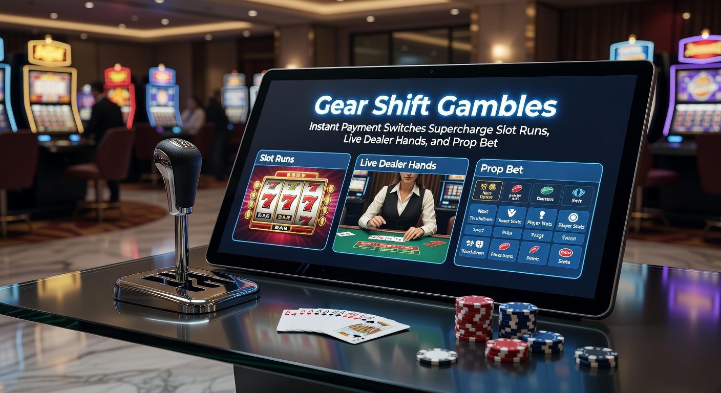 Vibrant graphic showing payment lightning bolts connecting slot machines, live dealer roulette wheels, and sports betting prop chains, emphasizing speed and connectivity