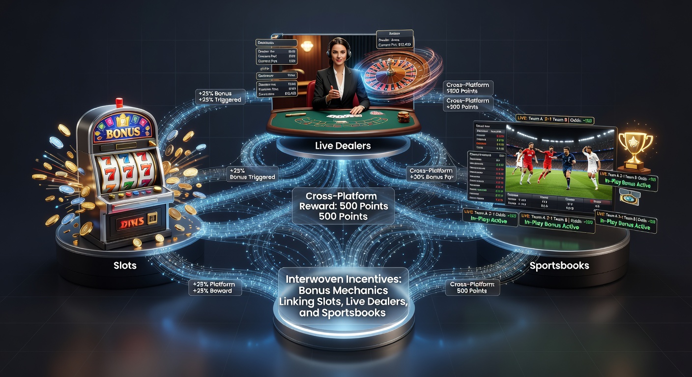 Screenshot of a live dealer interface with overlaid bonus notifications connecting to slot reels and sportsbook events in real-time
