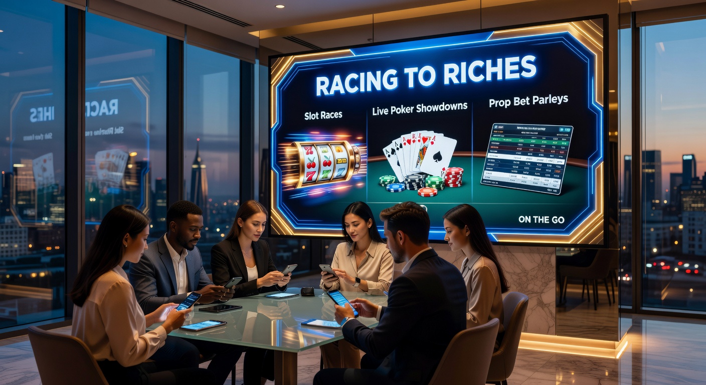 Intense live poker showdown at a digital table, cards flipping amid cheering virtual crowds and rising chip stacks