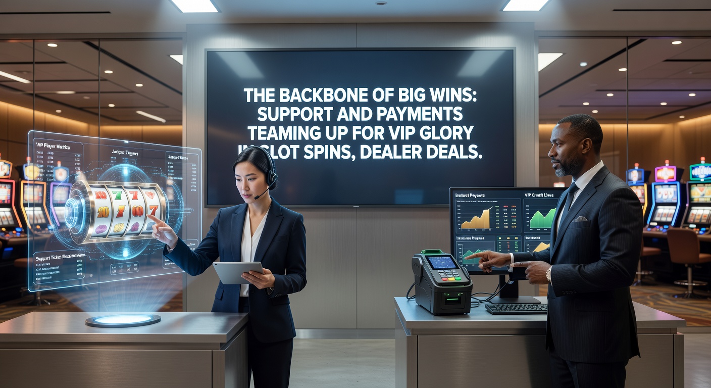Dynamic scene showing live dealer games on screens with overlaid payment notifications and chat support bubbles facilitating VIP upgrades during intense blackjack rounds adn roulette spins