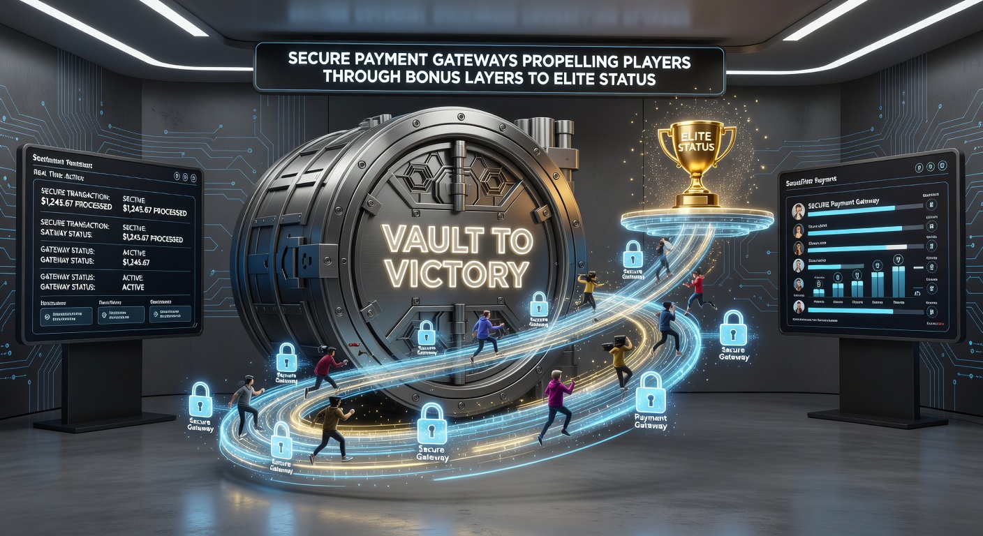 Players climbing golden ladder through secure payment locks, bursting into elite status with jackpot explosions