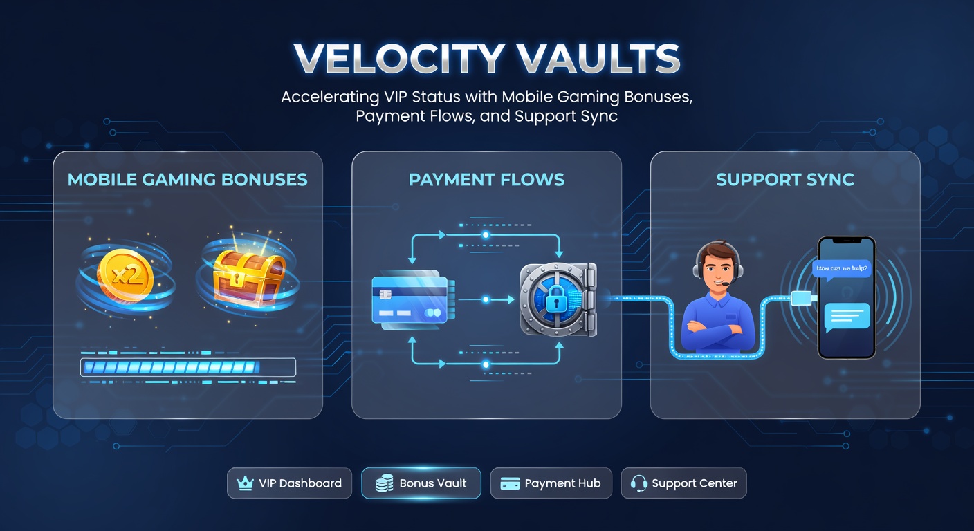 Illustration of speeding payment streams flowing into VIP vaults, with icons of slot symbols, live dealer chips, sports balls, and chat bubbles syncing in harmony