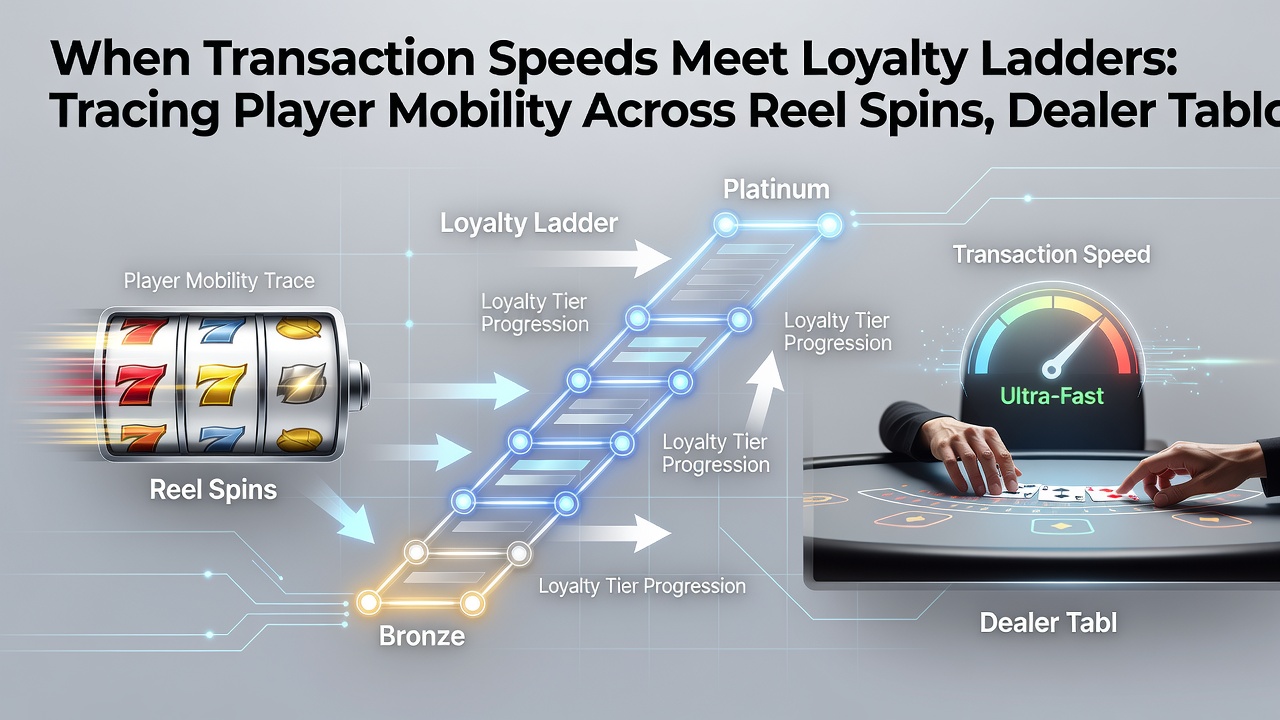 Loyalty ladder visualization showing movement from slot reels through dealer tables to sports wager slips with transaction speed indicators